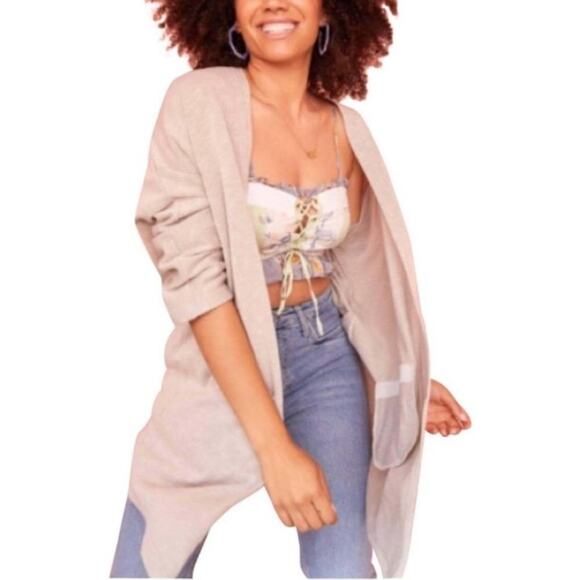 New Donni Cardigan Sweater XL oversized ribbed Neutral Oatmeal Stretch Pockets - Picture 1 of 8